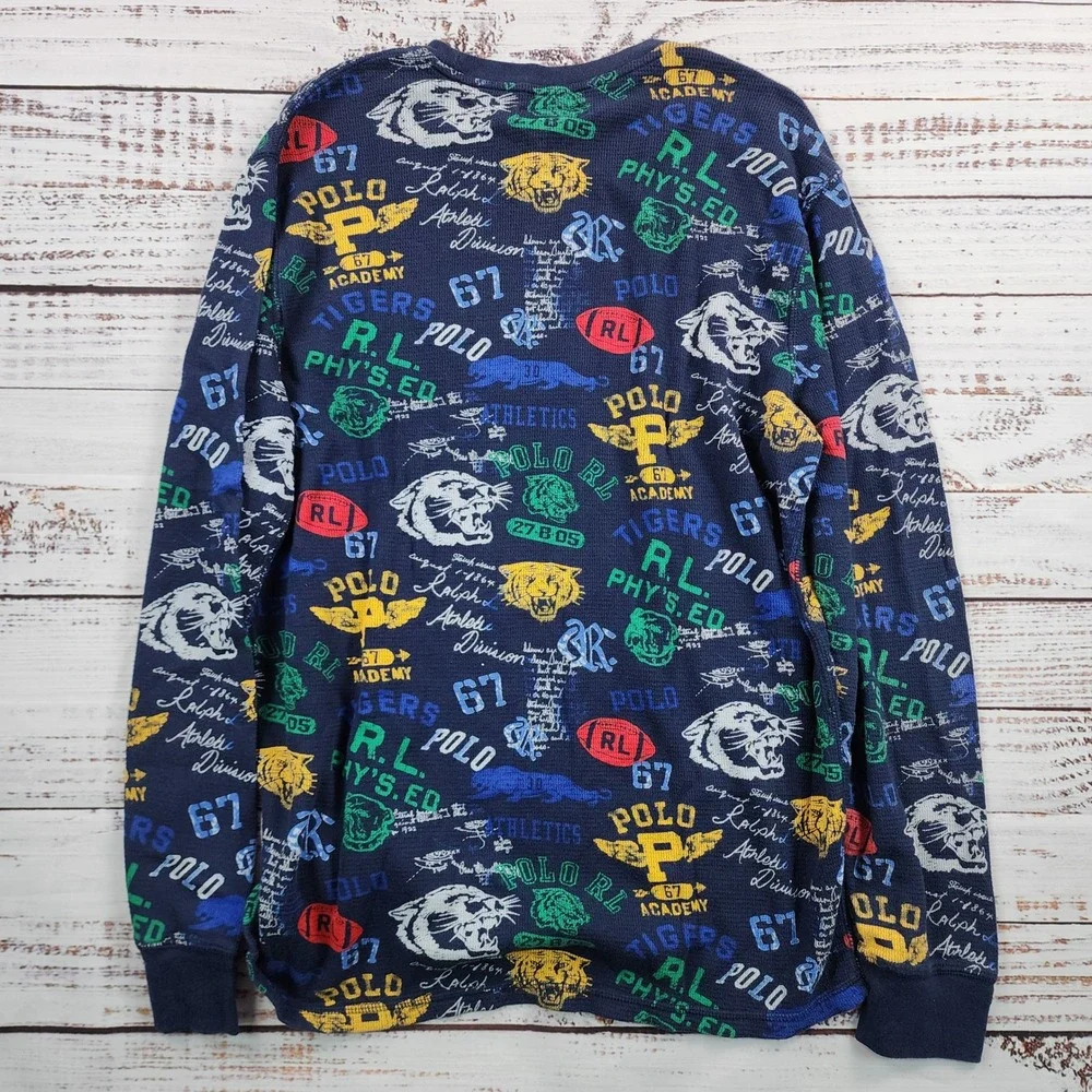 Polo Ralph Lauren Mens Navy Blue Tiger Collegiate Print Waffle Knit Pajama Top L